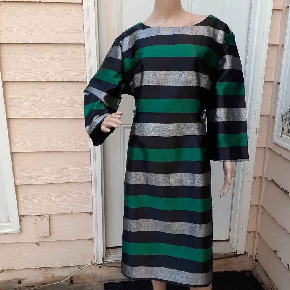 Green black and silver horizontal lines dress